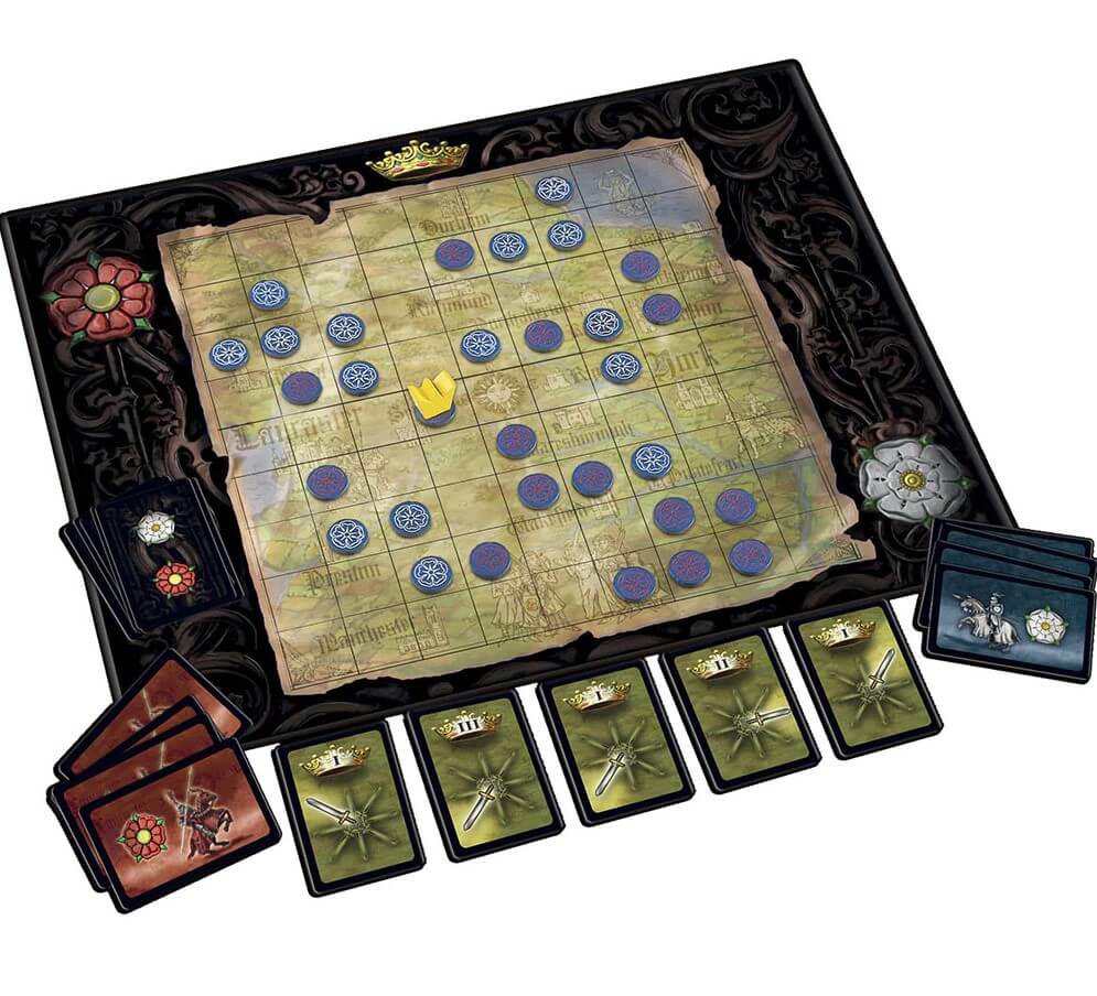 the board and pawns of The rose king, a strategy board game for two players