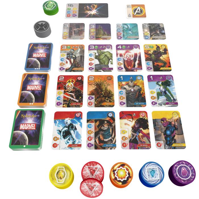 cards and tokens of Marvel Splendor, one of the best marvel-themed board games
